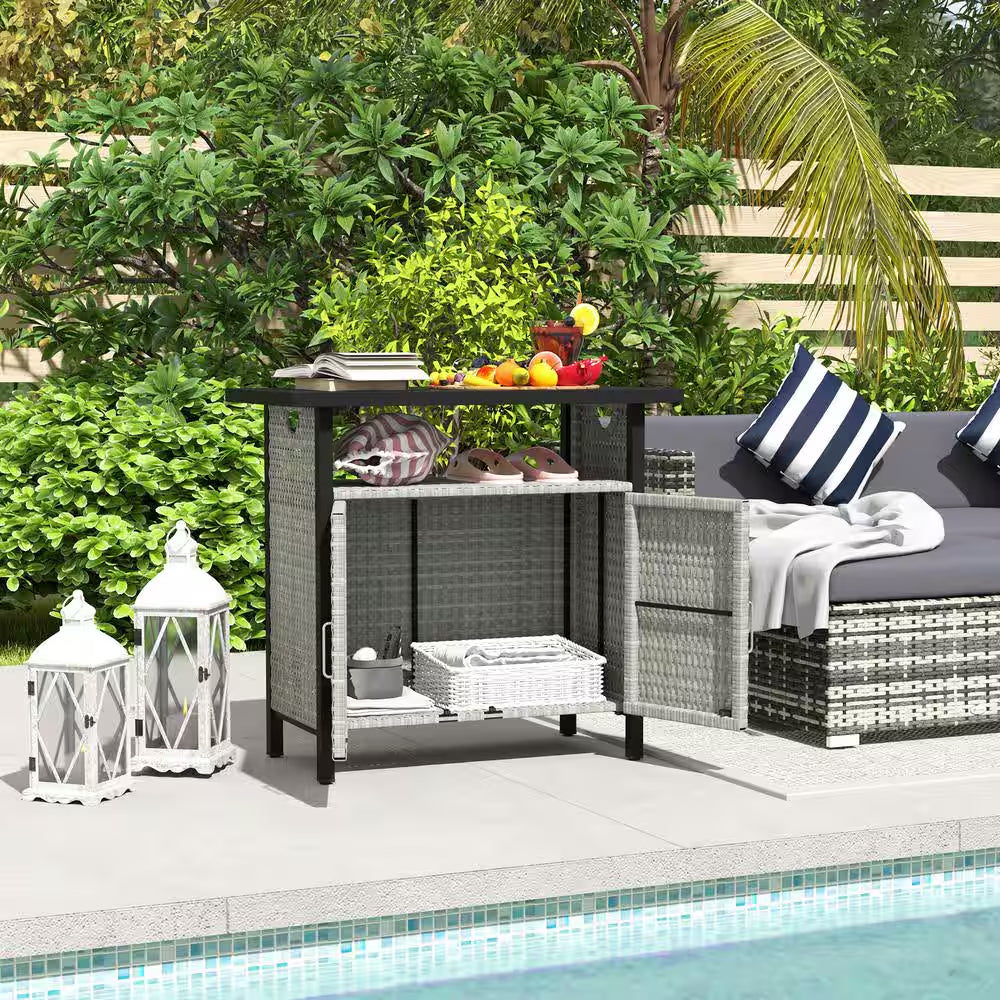 46 Gal. Outdoor Pool Towel Storage Cabinet Organizer, Deck Box with Cabinet, Gray
