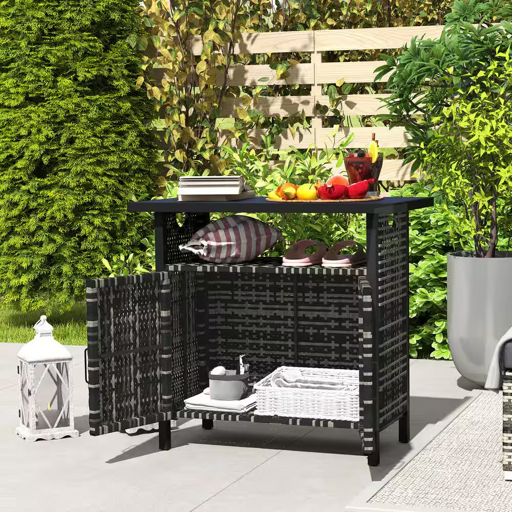 46 Gal. Outdoor Pool Towel Storage Cabinet Organizer, Deck Box with Cabinet, Mixed-Gray