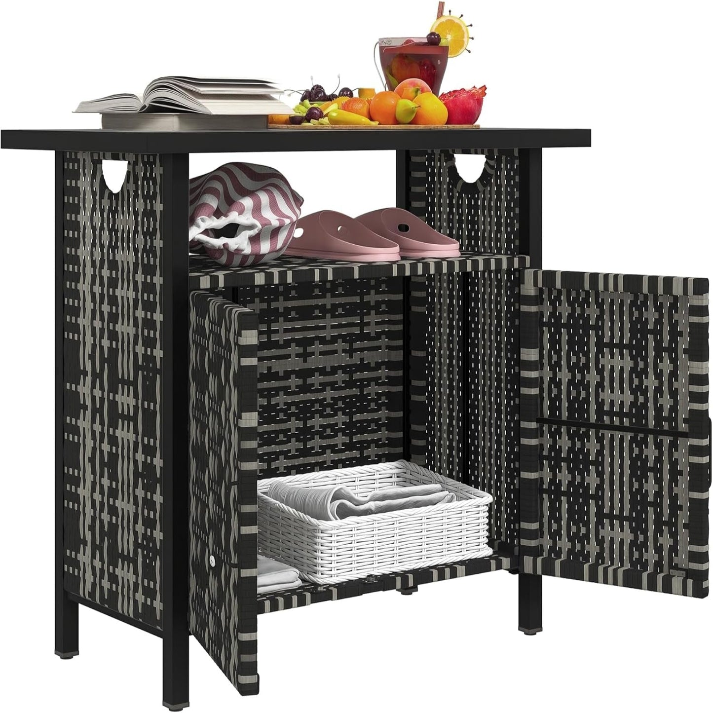Outdoor Pool Towel Storage Cabinet Organizer, Outdoor Bar Table with Shelf and Cabinet, Pool Towel Holder Pool Valet with Weather-Resistant PE Rattan and Steel Frame, Mixed-Gray