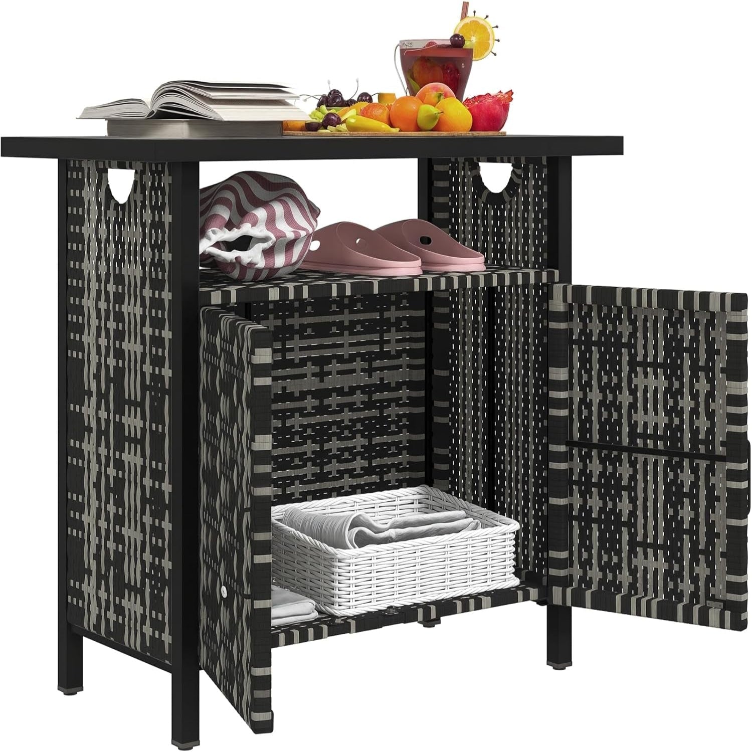 Outdoor Pool Towel Storage Cabinet Organizer, Outdoor Bar Table with Shelf and Cabinet, Pool Towel Holder Pool Valet with Weather-Resistant PE Rattan and Steel Frame, Mixed-Gray
