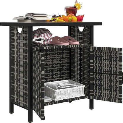 Outdoor Pool Towel Storage Cabinet Organizer, Outdoor Bar Table with Shelf and Cabinet, Pool Towel Holder Pool Valet with Weather-Resistant PE Rattan and Steel Frame, Mixed-Gray