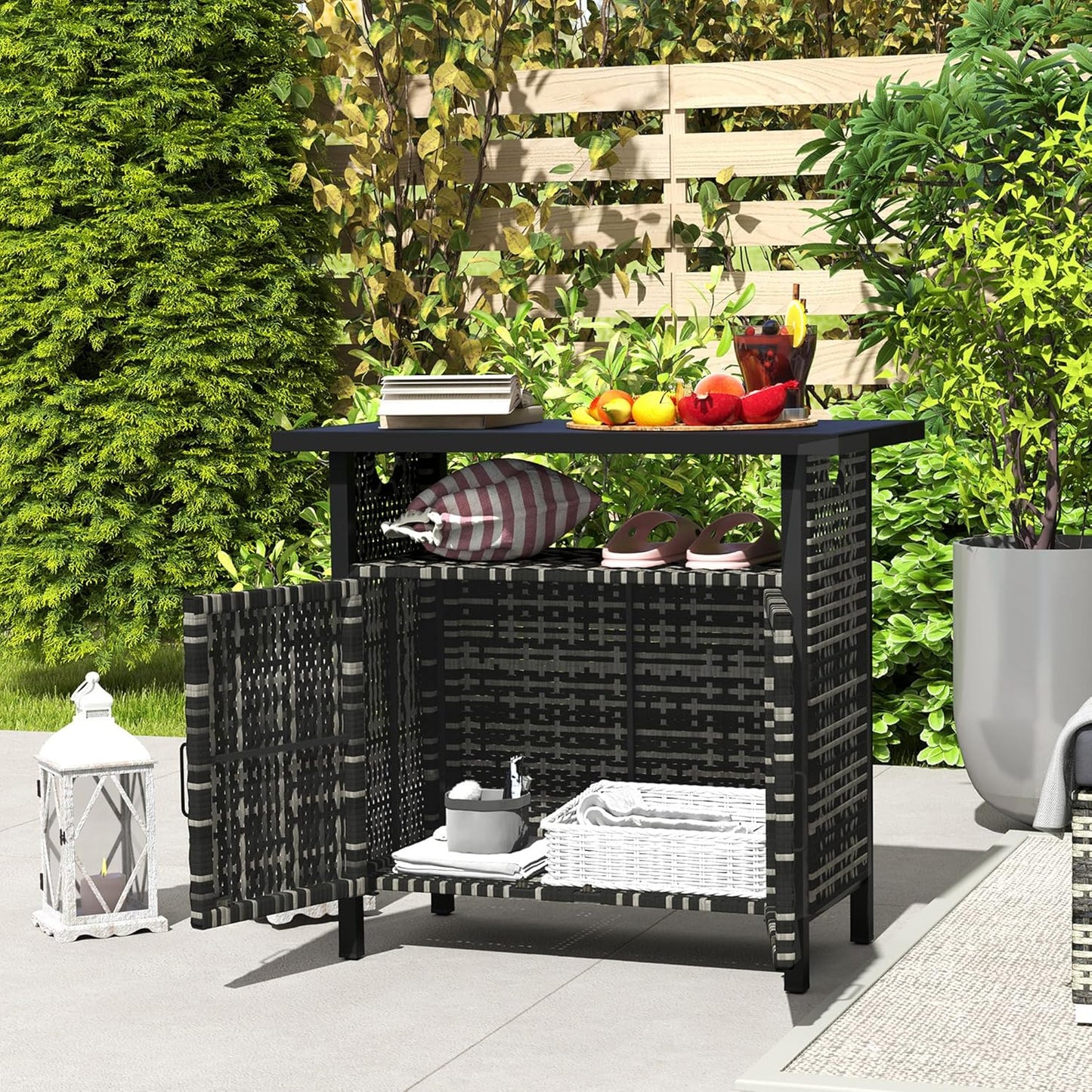 Outdoor Pool Towel Storage Cabinet Organizer, Outdoor Bar Table with Shelf and Cabinet, Pool Towel Holder Pool Valet with Weather-Resistant PE Rattan and Steel Frame, Mixed-Gray