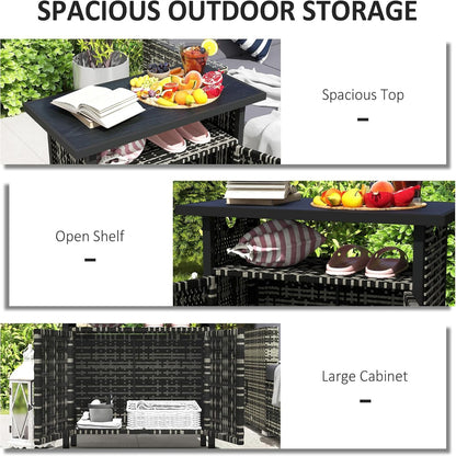 Outdoor Pool Towel Storage Cabinet Organizer, Outdoor Bar Table with Shelf and Cabinet, Pool Towel Holder Pool Valet with Weather-Resistant PE Rattan and Steel Frame, Mixed-Gray