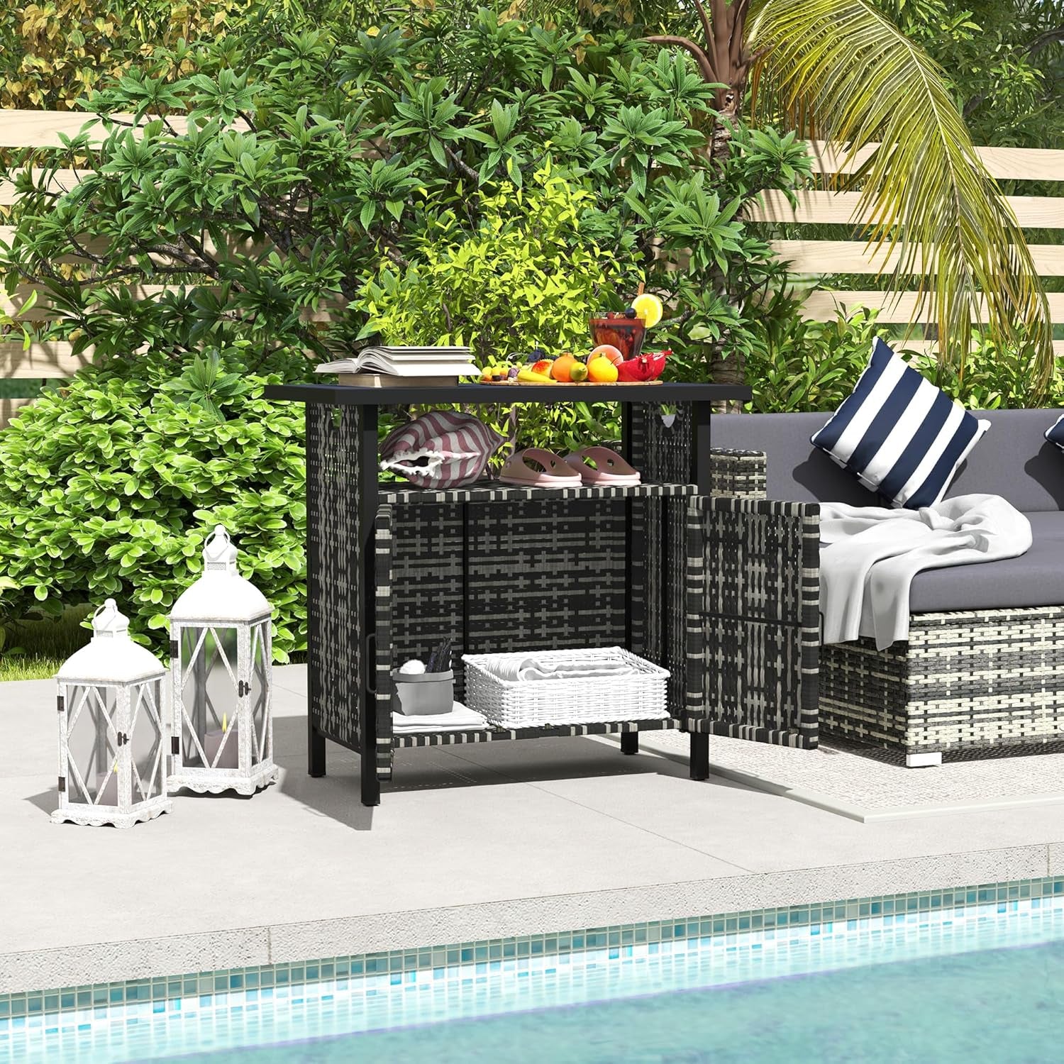 Outdoor Pool Towel Storage Cabinet Organizer, Outdoor Bar Table with Shelf and Cabinet, Pool Towel Holder Pool Valet with Weather-Resistant PE Rattan and Steel Frame, Mixed-Gray