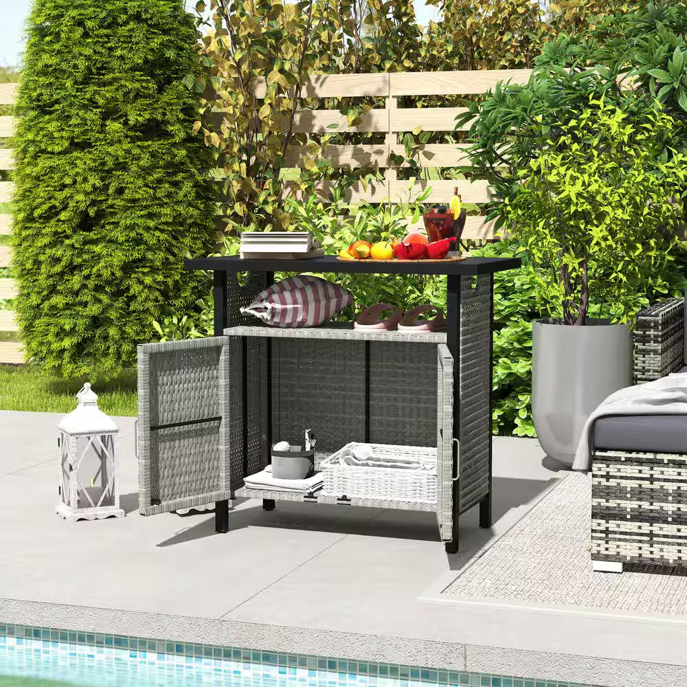 46 Gal. Outdoor Pool Towel Storage Cabinet Organizer, Deck Box with Cabinet, Gray