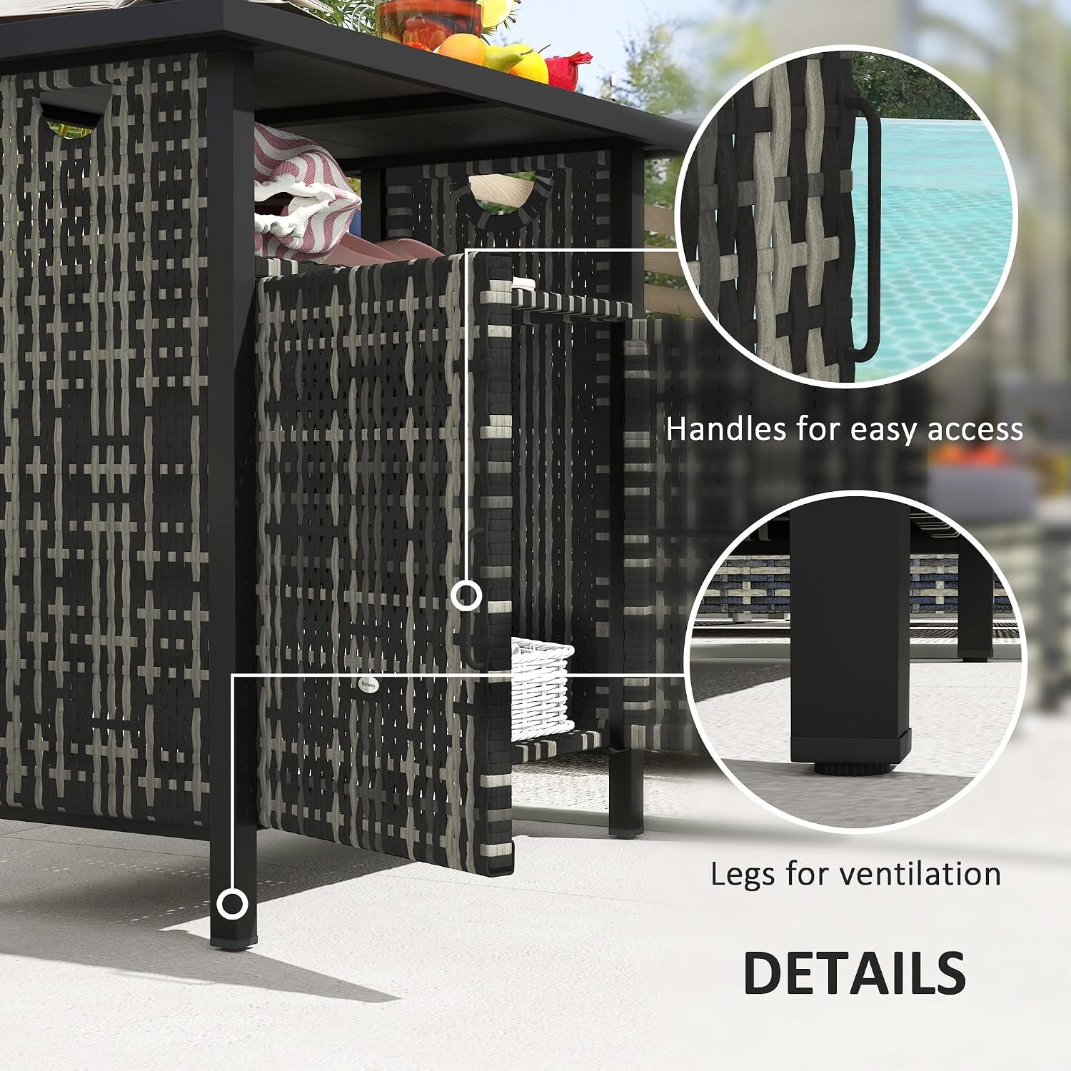 Outdoor Pool Towel Storage Cabinet Organizer, Outdoor Bar Table with Shelf and Cabinet, Pool Towel Holder Pool Valet with Weather-Resistant PE Rattan and Steel Frame, Mixed-Gray