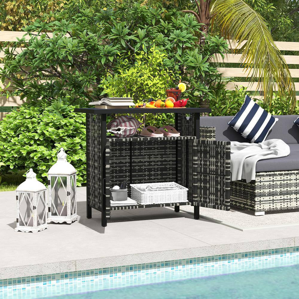 46 Gal. Outdoor Pool Towel Storage Cabinet Organizer, Deck Box with Cabinet, Mixed-Gray