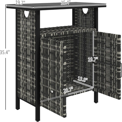 Outdoor Pool Towel Storage Cabinet Organizer, Outdoor Bar Table with Shelf and Cabinet, Pool Towel Holder Pool Valet with Weather-Resistant PE Rattan and Steel Frame, Mixed-Gray